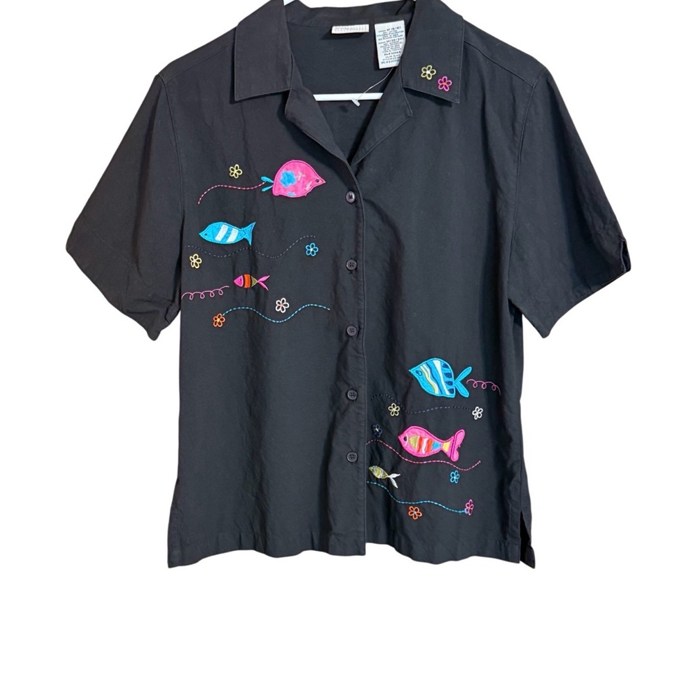White Stag Women’s Medium 8/10 Black Button-Up Shirt Colorful Embroidered